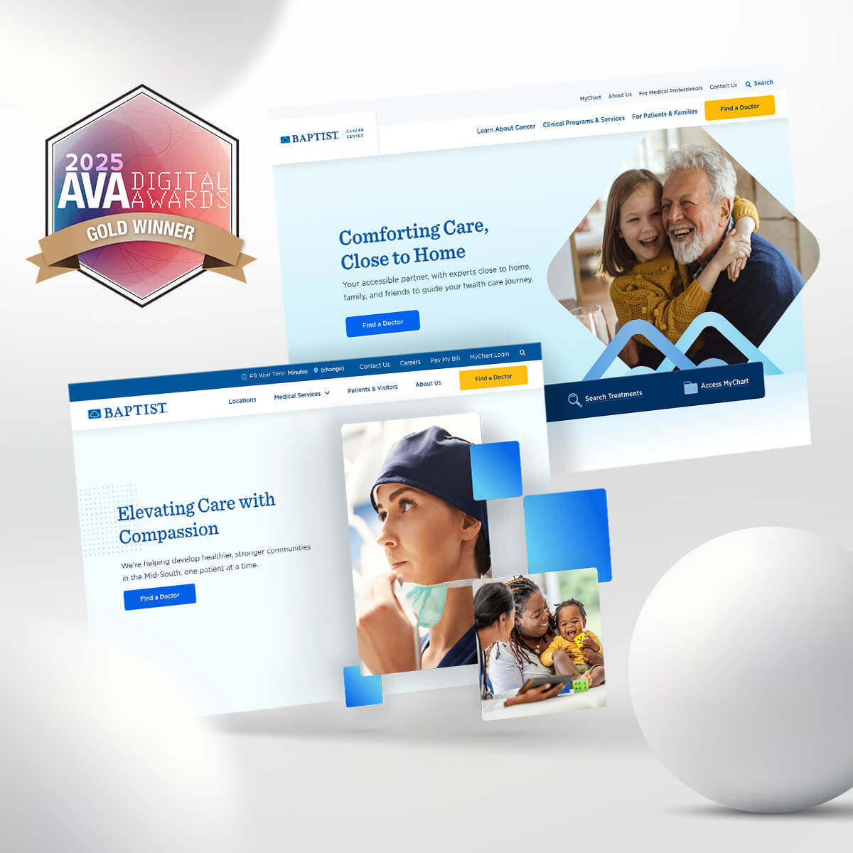 Two screenshots of the Baptist website redesign with the 2025 AVA Digital Awards logo