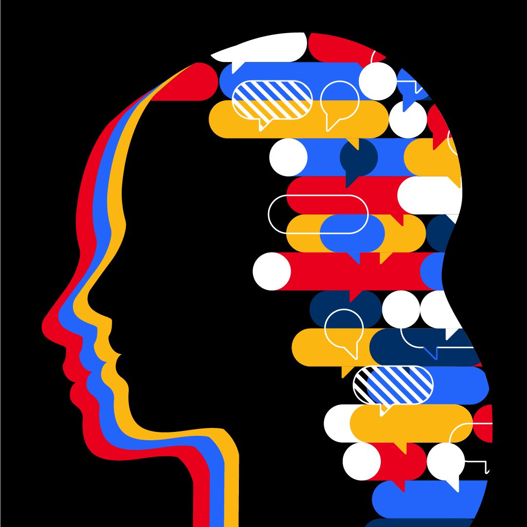 multicolored silhouette of person's head with thought bubbles illustrated inside 