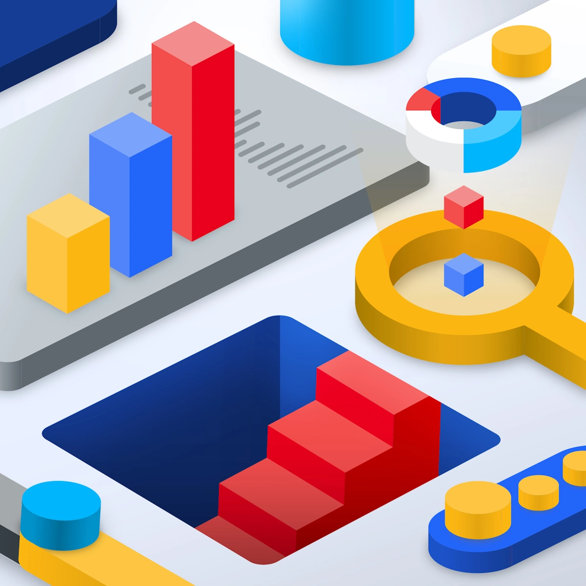 A stylized isometric illustration for performance marketing, showing a bar chart, a pie chart, and a magnifying glass to represent data analysis and strategy