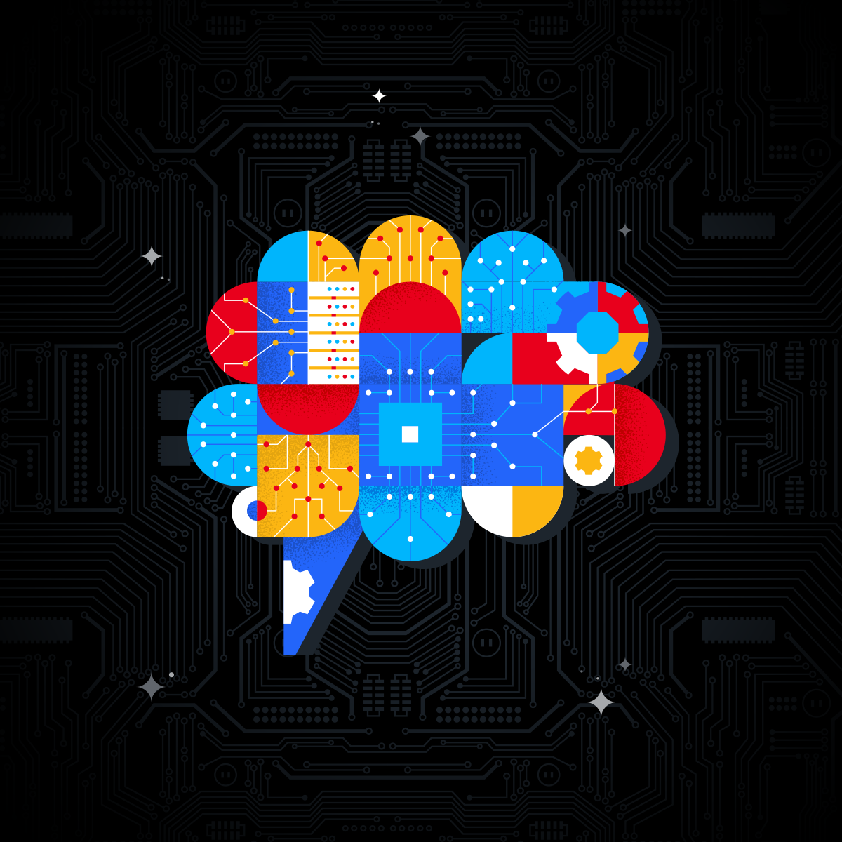 multicolored digital microchip illustrations in the shape of a brain