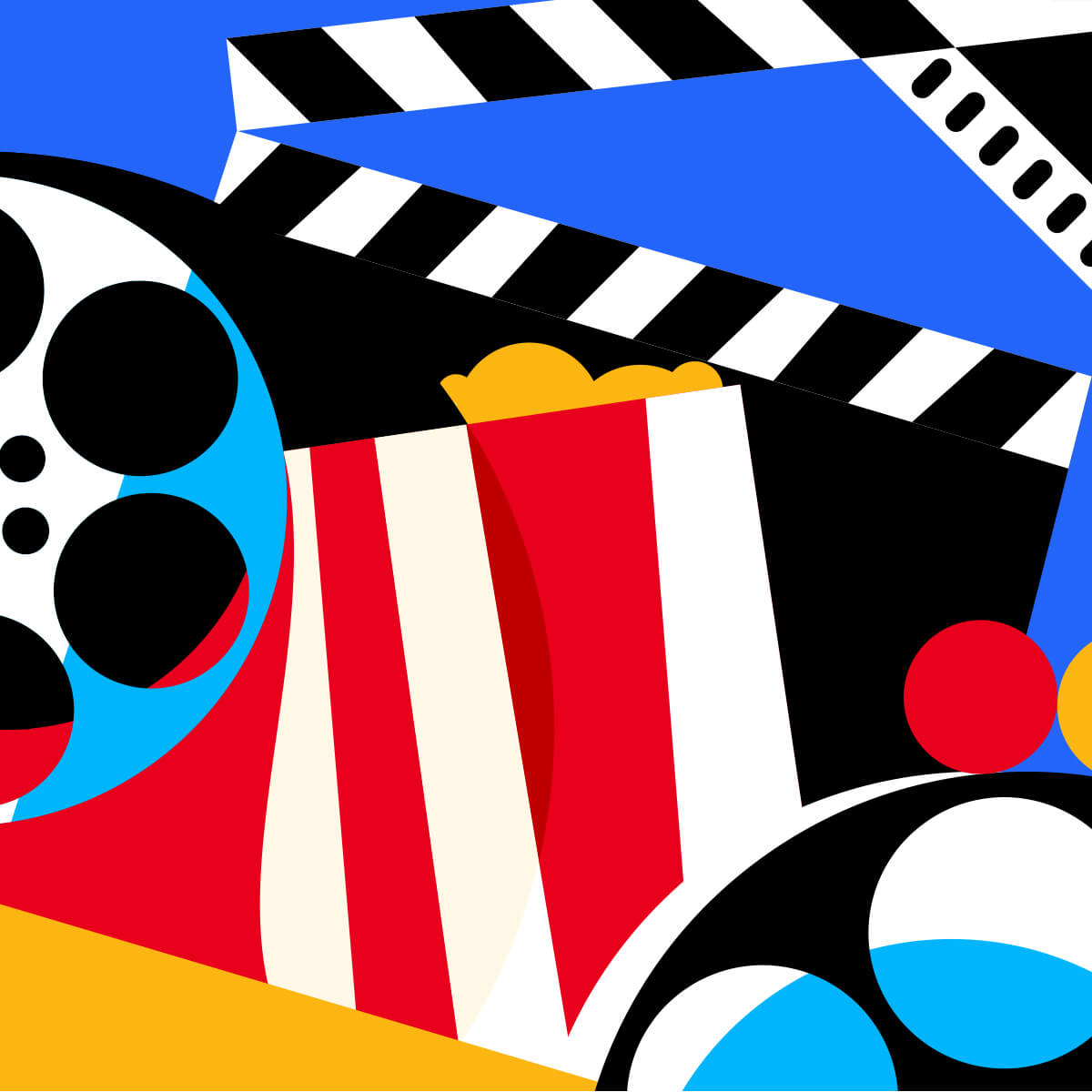 collage of simplified illustration of film reels, popcorn, and clapperboard