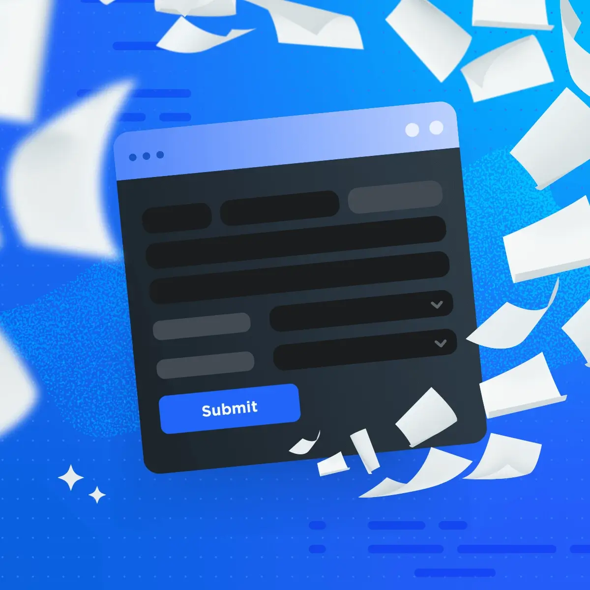 Web form spam protection illustration with floating contact form and scattered submission papers.