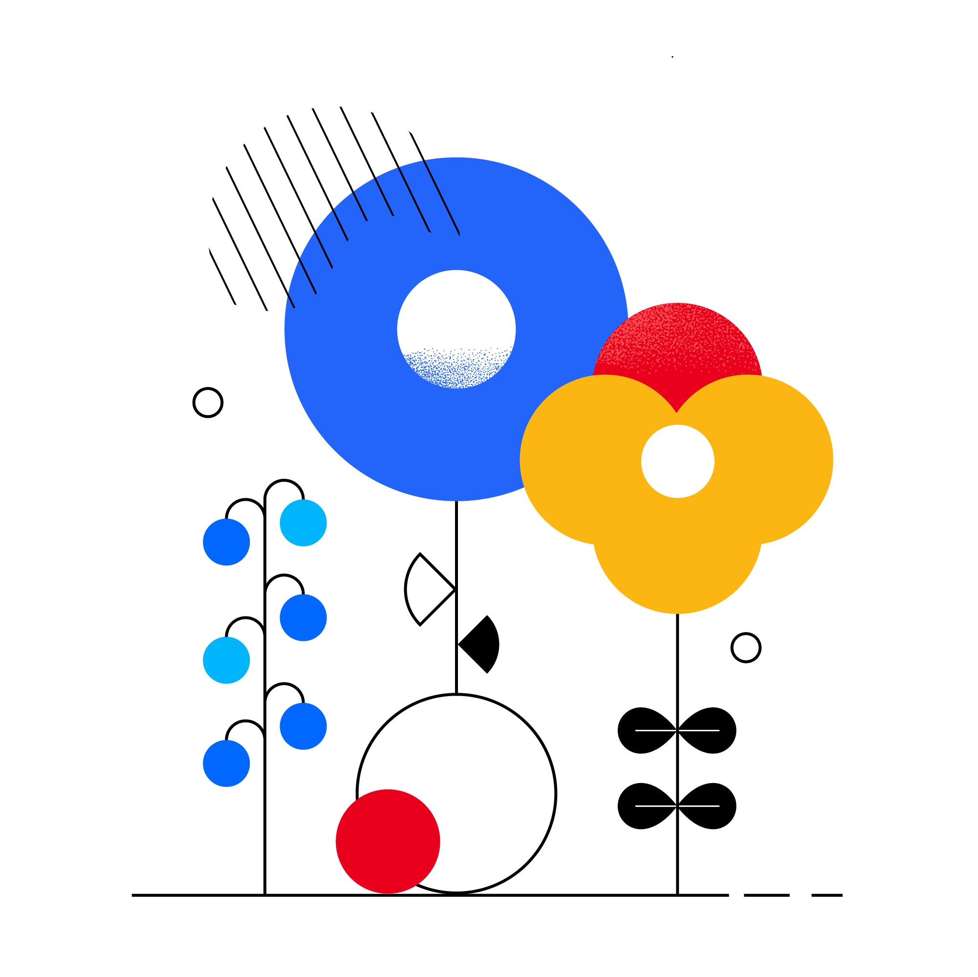 simplified illustration of flowers made up of circles in primary colors