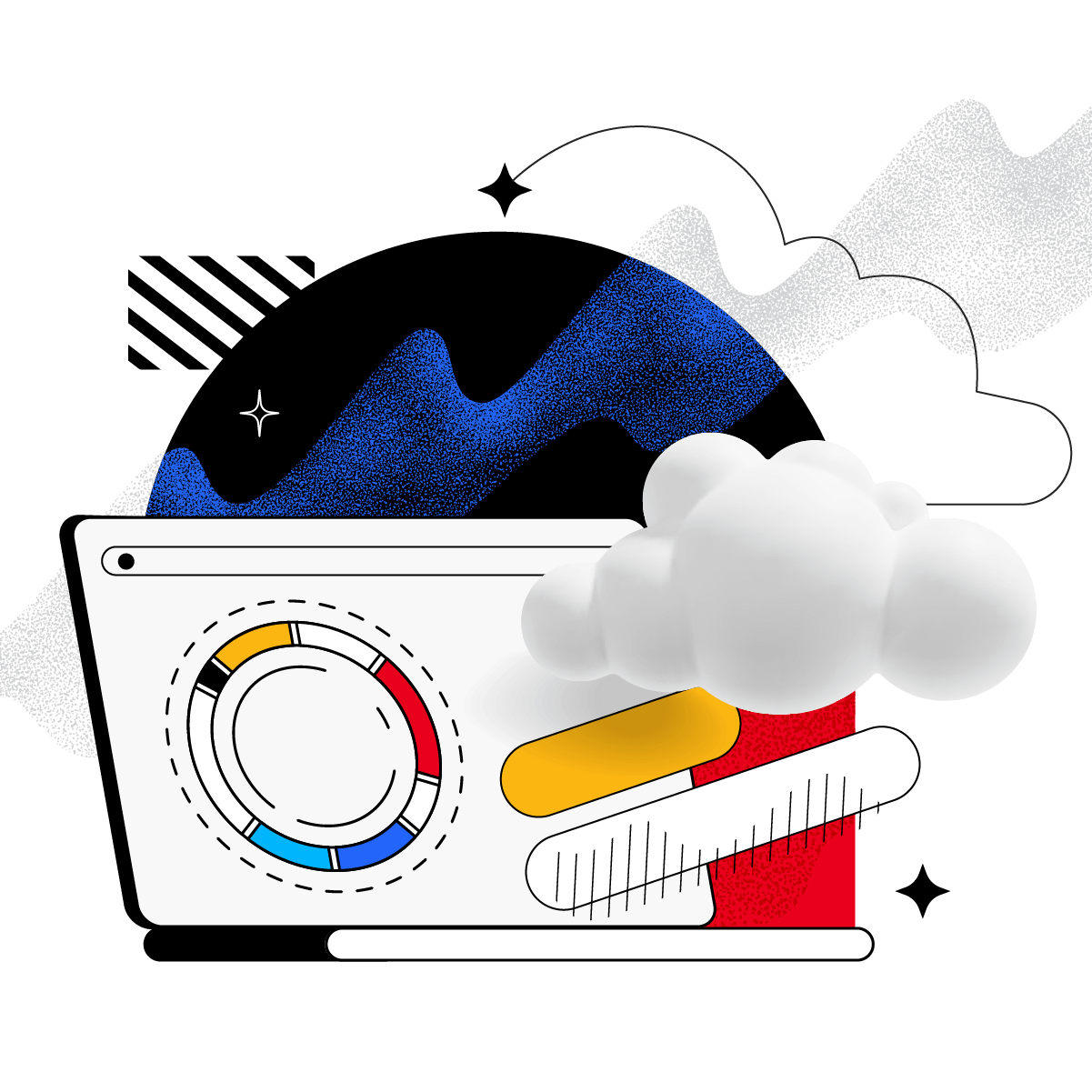 collage of laptop, cloud, and various texture illustrations