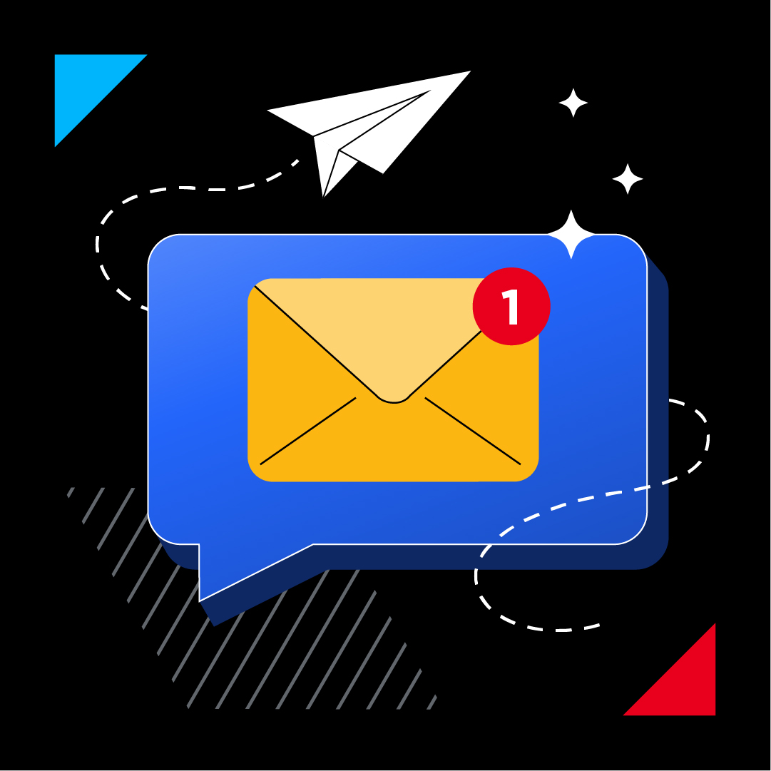 email icon in dialogue box around simple shapes and paper airplane