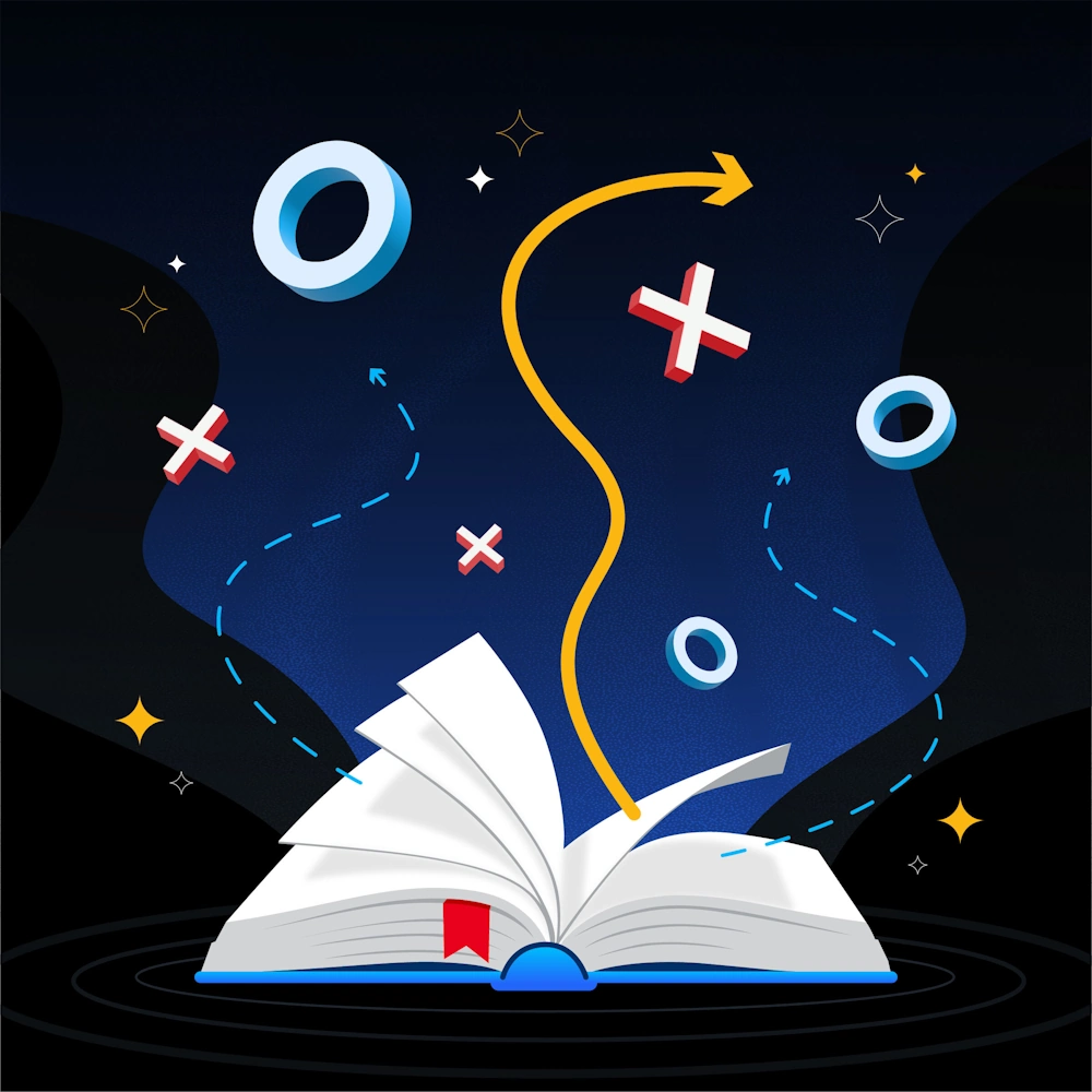 A stylized illustration of an open book with tic-tac-toe symbols and a winding arrow floating above, representing strategy, learning, and a game plan.